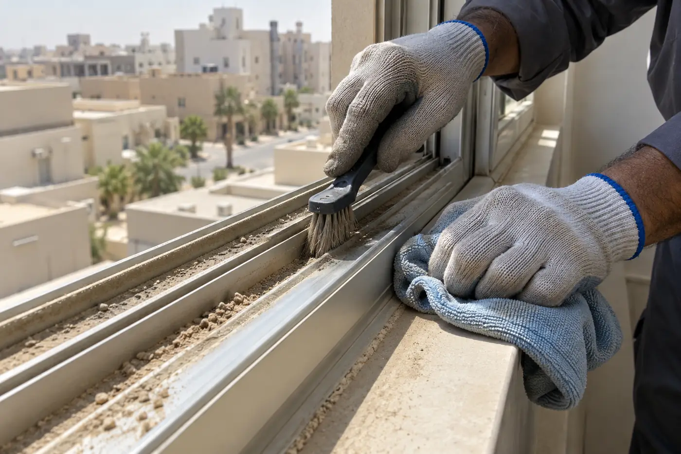 تنظيف مجرى نافذة ألمنيوم من الغبار والرمل بفرشاة صغيرة